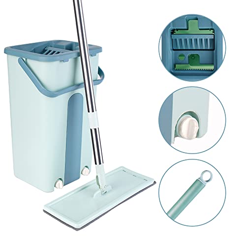 Flachmopp und Eimer Set, Bodenwischer mit Eimer,Wischmopp Set Inklusive 1-Edelstahl-Moppstange, 1-Entwässerungseimer und 2-Wiederverwendbare Moppköpfe,Drainageeimer mit 2-Drainageöffnungen (Grün/S) – Bild 4