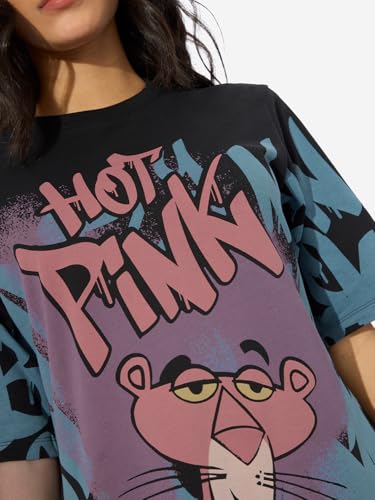Image of The Souled Store Official Pink Panther: Hot Pink Women and Girls Short Sleeves Round Neck Black Graphic Printed Cotton Mini Oversized T-Shirt Dresses