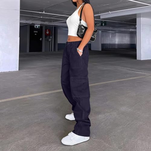 Image of Lepunuo Cargo Pants for Women High Waisted Casual Pants Baggy Stretchy Wide Leg Y2K Streetwear with 6 Pockets
