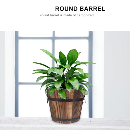 Image of Wooden Barrel Flower Pot - Rustic Planter for Indoor & Outdoor Use with Drainage Holes - 7 Inch Brown Planter for Decorative Plants & Vegetables