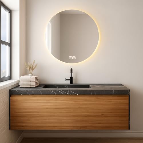 Bayt Specchio da bagno 60 cm - Specchio rotondo con riscaldamento - Specchio da parete con illuminazione - Anticondensa - Dimmerabile (1, Intorno - 3 luce)