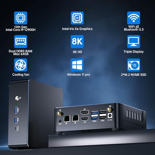 Image of Thdeukoty Mini PC i9-12900H 14C /20T, 64G DDR5 RAM 2T SSD, Mini Desktop Computer Windows 11 Pro (TPM2.0), DP /HDMI /Type-C Triple Display, WiFi 6E Bluetooth5.3 for Home /Business