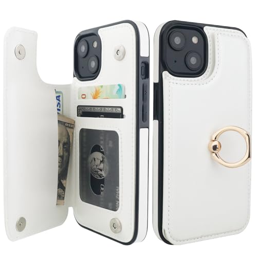 Onetop for iPhone 14 Wallet Case with Card Holder, 360° Rotation Ring Kickstand RFID Blocking PU Leather Double Magnetic Clasp Shockproof Cover for Women and Girls 6.1 Inch (White)