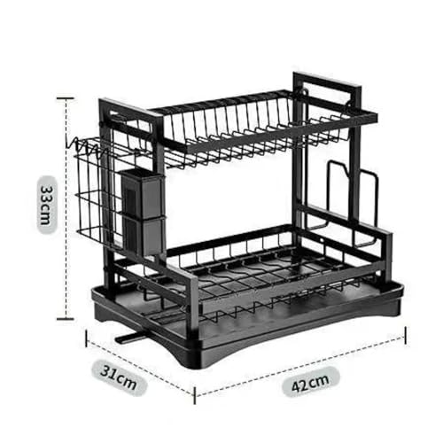 MY HOMIE Double Layer Kitchen Dish Rack, 42x31x33 cm 2 Tier Multifunctional Iron Dish Drying Rack with Drainboard and Utensil Holder Rustproof SpaceSaving Dish Drainer for Kitchen Countertop - Black - Image 2