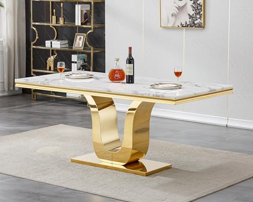 68" Large Marble Dining Table for 6-8, Modern Rectangular Kitchen