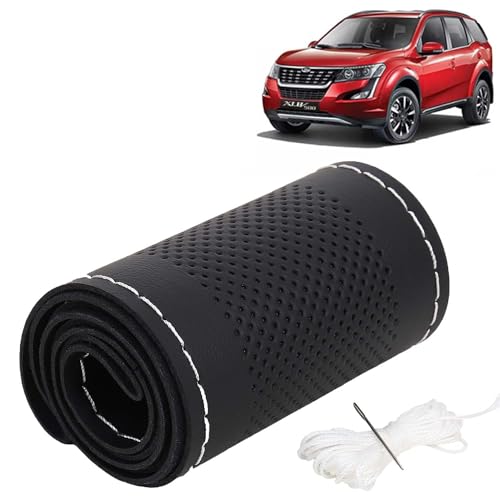 Image of KINGSWAY PU Leatherite Car Steering Cover Sewable Compatible with Mahindra XUV 500 (Year 2018-2021), Black Color with Silver Thread, Pack of 1 with Sewing Needle and Thread