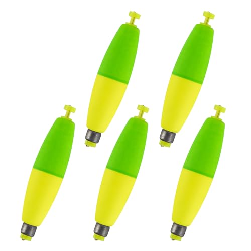 Dr.Fish 5 Pack Cigar Fishing Bobbers Weighted Bobbers Snap-On Spring Floats EVA Foam Fly Freshwater Boat Fishing for Bass Trout Panfish Bluegill 1.4" Green/Fluorescent Yellow