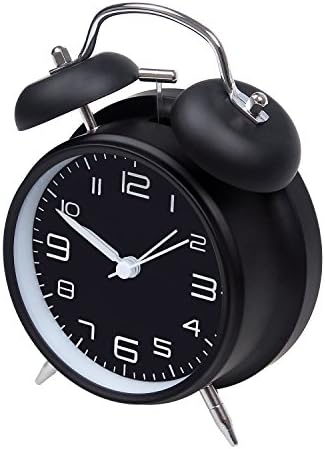 jiemei 4 Twin Bell Alarm Clock Battery Operated, Loud Mechanical Wind-Up Alarm Clock with Stereoscopic Dial, Nightlight, Non Ticking(Black)