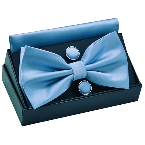 Image of GUSLESON Men's 3-pc Solid Color Bow Tie Gift Set - Double‑Fold Pre-Tied Bow Tie, Pocket Square, Cufflinks - Wedding Formal Party