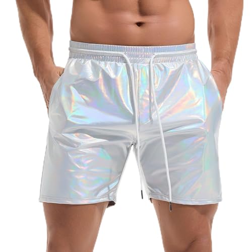 Amy Coulee Pantalones cortos de metal para hombre, brillantes, discoteca, fiesta, brillante, Plata clara., M