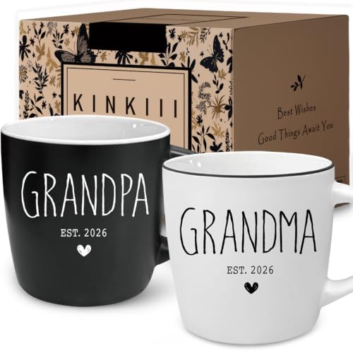 Kinkiii Grandma Grandpa EST.2026 Ceramic Mug Set 13Oz, New Grandparents Keepsake Gift Set, Family Anniversary Pregnancy Announcement Coffee Cups for Grandparent Birthday Holiday Presents