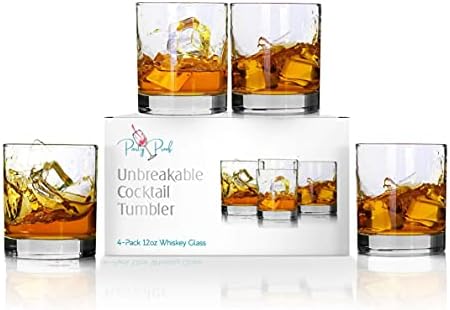PartyProof Unbreakable Cocktail Tumbler Drinking Glasses 12oz | Whiskey or Scotch Glass | Reusable | Tritan Shatterproof Plastic | Set of 4 | Dishwasher Safe | Outdoors Drinkware | Camping Cups