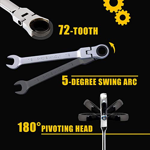 Yashong 12-Piece Sae Flex-Head Ratcheting Wrench Set, Professional Chrome Vanadium Steel Ratchet Wrenches, Combination Ended Standard Kit With Portable Suspended Canvas Bag #TOP2