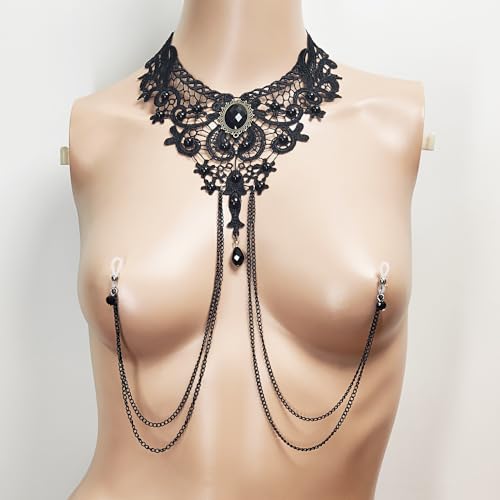 Sexy Fake Nipple Rings Nipple Noose Black Lace Choker Necklace Non-Piercing Nipple Rings Sexy Body Chain Nipple Chain for Women Clothing Accessories2