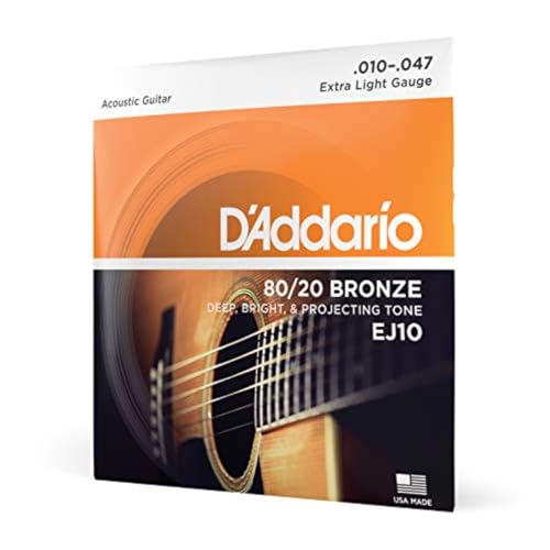 Cuerdas D'Addario para guitarra acústica, 80/20 Bronce, EJ10, calibre extra ligero 10-47, juego de 6 cuerdas, paquete de 1