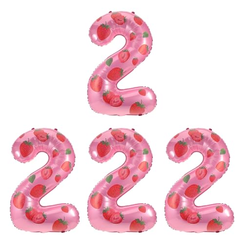 TEHAUX 4個のストロベリーナンバー2バルーン:32インチベリー1歳の誕生日デコレーション、女の子の赤ちゃん用ストロベリー2歳の誕生日バルーンデコレーション