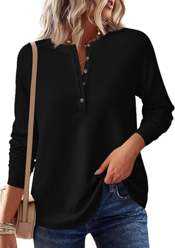 Image of PRETTYGARDEN Women's Long Sleeve Waffle Knit Henley Shirts Loose Tunic Tops