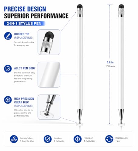 Image of Mizi 2-in-1 Stylus Pen for Touch Screens - High Precision Disc & Rubber Tip, Universal Stylus for iPhone, iPad, Android Tablets, Kindle, Chromebook, Switch - No Bluetooth, No Charging - White