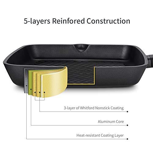 Frying Pan 11 inch, Deep Square Grill Pan for Steak, Fish and Meat, 6mm Forged Cast Aluminum with Easy Grease Draining, Filter, Dishwasher Safe/Gift Box Included