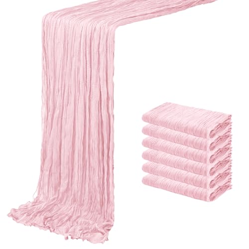 6 Pack Light Pink Cheesecloth Table Runner 20 x 120 inch Gauze Table Runners 10 FT Long,Semi Sheer Boho Cheese Cloth Fabric Table Runner Bulk for Wedding,Party,Baby Shower,Bridal Shower Decoration