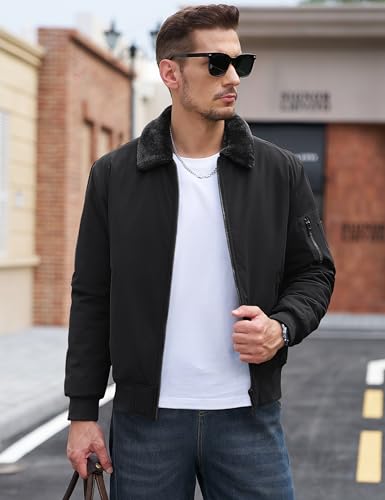 Image of TACVASEN Men's Fleece Jacket Full Zip Up Warm Bomber Jackets for Daily Wear | Winter thick jacket coat for men , fur collared bomber style with 4ple pockets for travel, outdoor walking