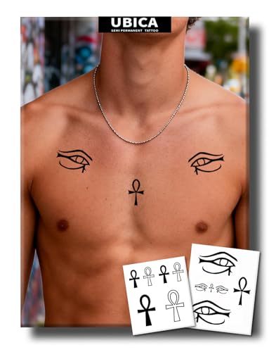 UBICA Semi Permanent Tattoo, 2 Sheets Ankh & Eye of Horus Sternum Temporary Tattoo for Men Women Adults, Faith Spiritual Tattoos for Chest Hand Arm, Lasts 1-2 Weeks, Waterproof & Non-Reflective