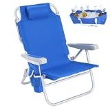 SUNNYFEEL Low Beach Chair, 5-Position Lay Flat Reclining Backpack Chair with Cooler Bag & Cup Holder, Portable Folding Beach Chair for Adults, Heavy Duty 350 LBS, Blue