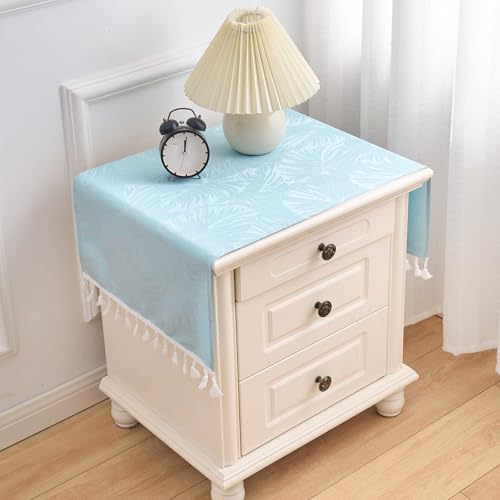 EFFICINATURE Rectangular Tablecloth 15.7x35.4 Inch Blue Leaves Pattern with Fringe Edge Waterproof Washable Jacquard Fabric Long Narrow Nightstand Cover for Dresser End Table Sofa Table Decor
