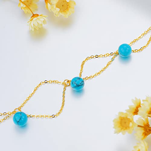 14K Gold Turquoise Anklet For Women, Real Yellow Layered Gold Beaded Anklet Fine Jewelry Gift For Wife Girlfriend Mom Her 8+2 Inch (Turquoise Anklet) #TOP3