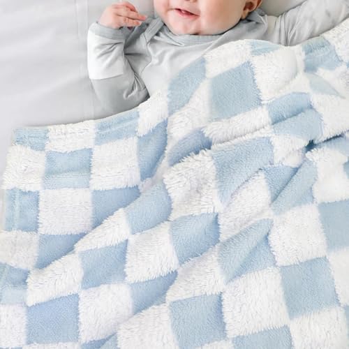 Image of HOMRITAR Baby Blue Checkerboard Baby Blanket for Boys Girls Fluffy Fleece | Soft Plush Warm Throw Blanket for Infant Toddler Shower Gift Nursery Crib Bed Stroller All Season 30 x 40 Inch