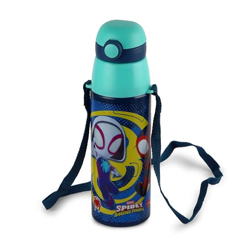 Image of CELLO Kidzbee Series Orb 600 Inner Steel Insulated Water Bottle, 500ml, Navy Blue | 3D Touch & Feel Web Warriors Design | Leakproof Flip Top Spout, Easy to Carry | Cold Water Bottle for Kids School