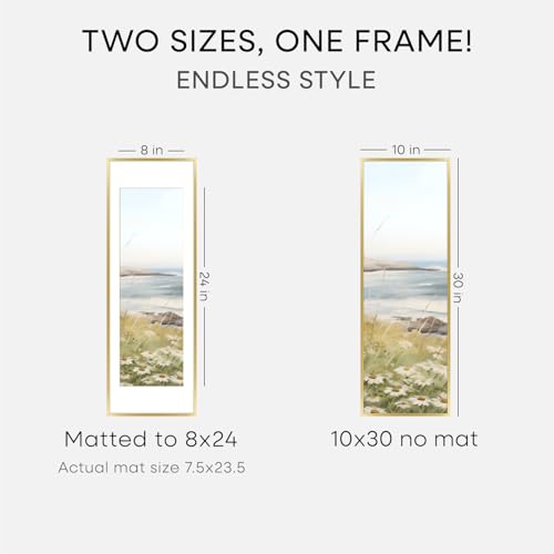 Image of Homeforia 10x30 Picture Frame Gold, High End Metal 10x30 Poster Frames with Mat 8x24 inch Photo, 10 x 30 Gold Frames Matted to 8 by 24 Print, 30x10 Panoramic Frames, Tempered Glass, Wall Kit, Set of 2