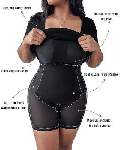 Women Shapewear Dress with Built-in Removable Pads Rib-Knit Square Neck Bodycon Midi Dress Cocktail Party Dress3