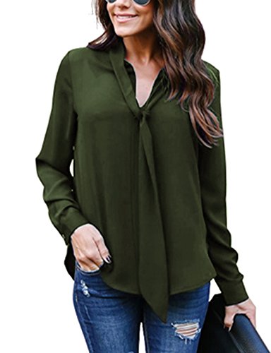 Yidarton Women's Long Sleeve V Neck Chiffon Blouses Tops Button Down Business Shirts (6046Green, Small)