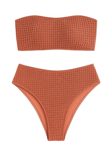 Image of ZAFUL Women's Textured Bandeau Bikini Strapless Solid Color 2 Pieces Bathing Back Lace-up Suit Swimsuit (7-Caramel,S), Small