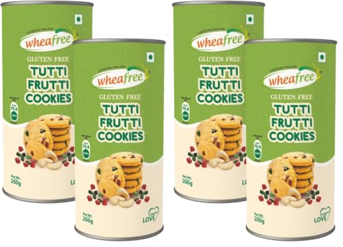 Image of Wheafree Gluten Free Tutti Frutti Cookies (Pack of 4 x 200g each) | Tasty, Crunchy & Flavoured| Best Teatime Snacks, Healthy & Nutritious | 100% Vegetarian | Handmade Cookies