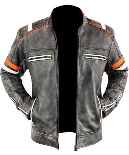 Men's Retro Biker Vintage Cafe Racer Motorcycle Distressed Black Leather Jacket - Genuine Leather Jacket Men