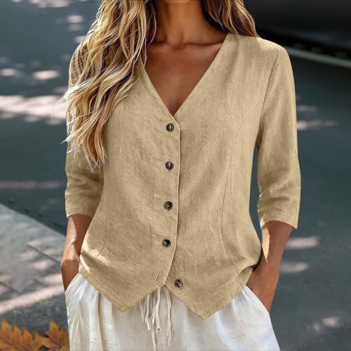 Cotton Linen Tops for Women Summer Casual Cute 3/4 Length Sleeve Cotton Top — view 3