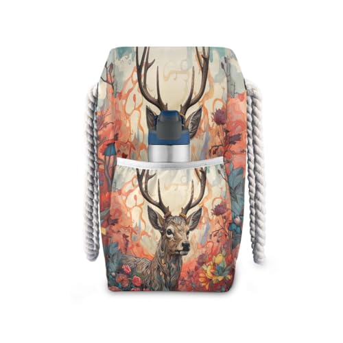 Beautiful Deer and Flower Beach Bag & Travel Tote Bag Large Sandproof with Zipper Closure, Wet Pouch for Swim Gym Travel, Lightweight Foldable Outdoor Bag3