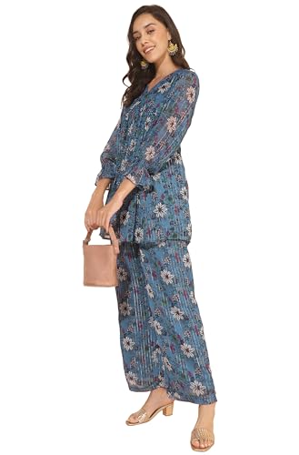 Image of Janasya Women's Chiffon Lurex Floral Printed Top with Pant