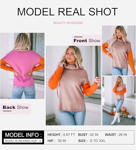 Dokotoo Womens Turtleneck Sweaters Casual Long Sleeve Color Block Side Slit Pullover Knit Jumper Tops4