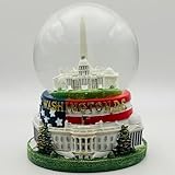4.75インチ ワシントン DC ランドマーク スノードーム セラミック調ポリ樹脂 アメリカ国旗とグリッター付き ホワイトハウス、国会議事堂、ジェファーソン記念碑、ワシントンモニュメント(大旗ベースパノラマグローブ)