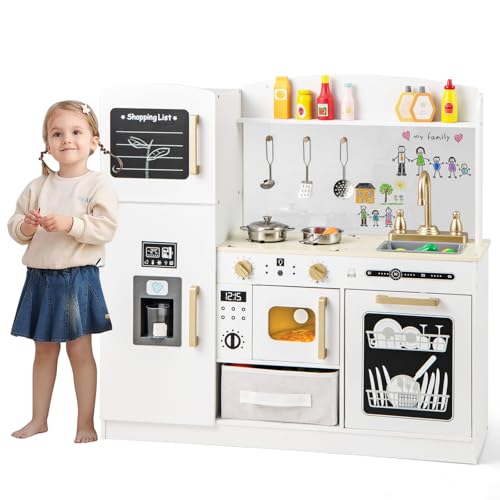 HOMASIS Cocina Infantil de Madera, Cocina de Juguete con Microondas Iluminado, Fregadero, Máquina de Hielo, Pizarra Acrílica, Cocinita de Juguete con 8 Accesorios y Cestas, Regalo Educativo, (Blanco)