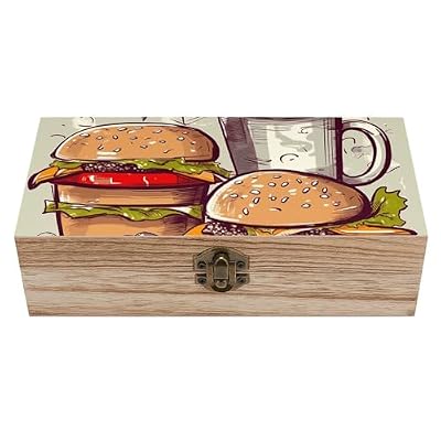 CSGJMYGS Funny Food Hamburgers And Mugs Memory Jewelry Wooden Box, Large Wooden Treasure Chest Boxes with Hinged Lid, Photos Storage Case for Women Men, Wooden Keepsake Box, 7.9'' X 3.9'' X2.3''