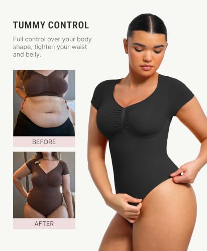 Image of FeelinGirl Short Sleeve Shapewear Bodysuit for Women V Neck Tummy Control