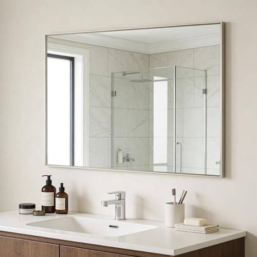 Image of Bathroom Mirror for Wall, 40x30 Inch Framed Vanity Mirror Brushed Nickel