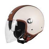 PU Leather Motorcycle Open Face Helmet Scooter Helmet Jet Helmet with Double Visor DOT Approved (White/Orange,M)