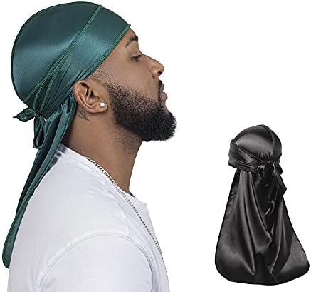 2PCS Elastic Silky durag for Men 360 Waves, Do Rag, Elastic durag, Long-Tail Du-RAG