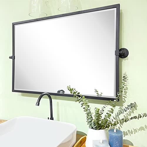 Black Metal Framed Pivot Rectangle Bathroom Mirror Tilting Beveled Vanity Mirrors for Wall, Overall 23.9 x 24 inches (Mirrror 20 x 24 inches)