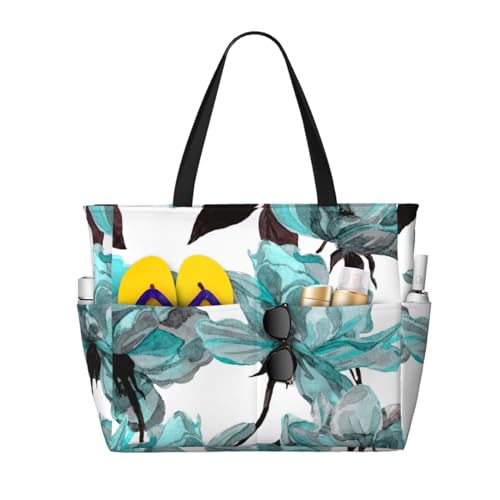Sac fourre-tout avec poignées et motif aquarelle de roses sarcelle artistiques